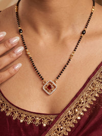 Lfariya Jewellery Regal Ruby Diamond Square Gold Plated CZ Mangalsutra with Red Ruby Stone Pendant for Women
