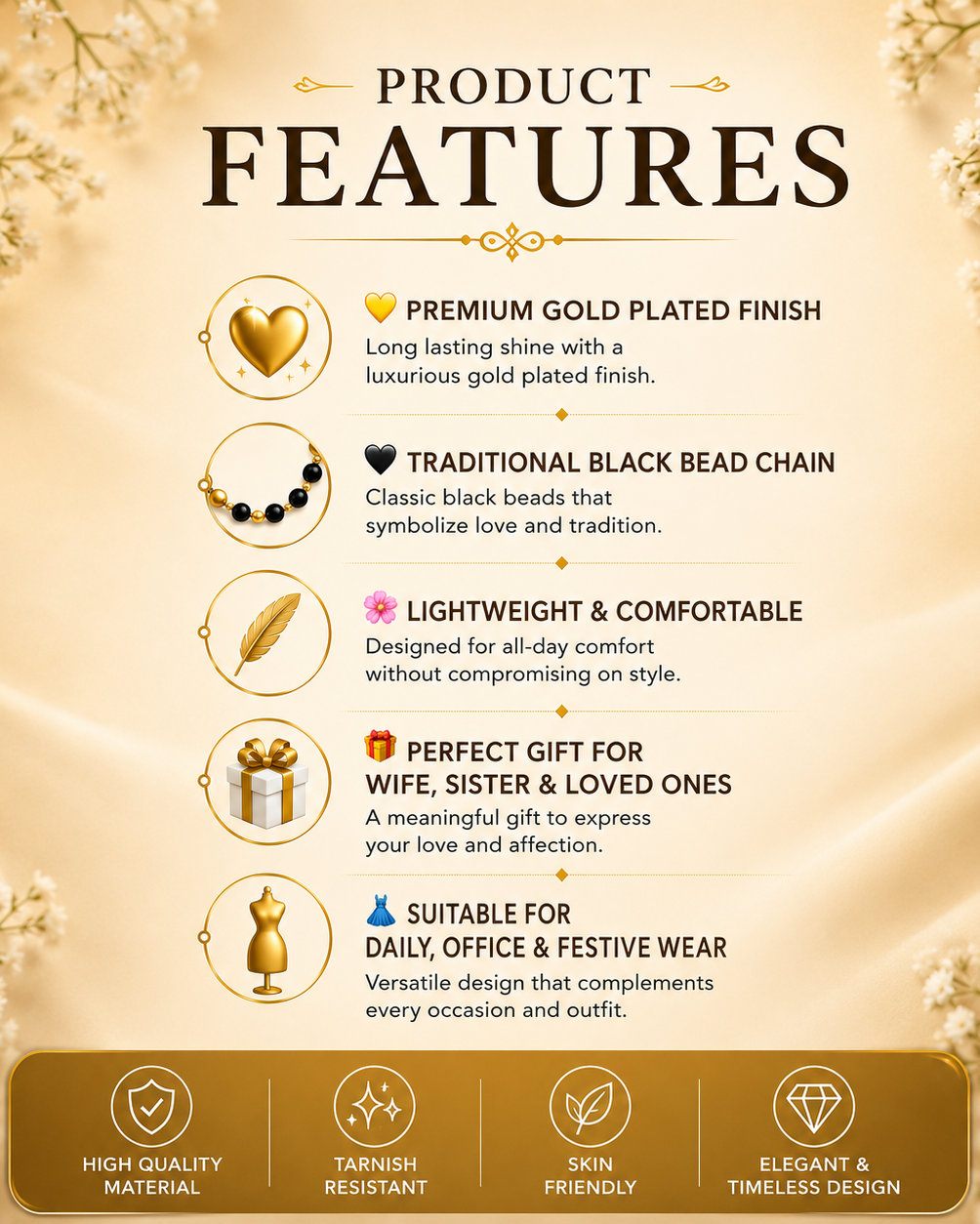 A product features infographic for a gold-plated beaded necklace. The graphic has a warm beige background with delicate floral borders, featuring the title 'PRODUCT FEATURES' and five key selling points: 'PREMIUM GOLD PLATED FINISH', 'TRADITIONAL BLACK BEAD CHAIN', 'LIGHTWEIGHT & COMFORTABLE', 'PERFECT GIFT FOR WIFE, SISTER & LOVED ONES', and 'SUITABLE FOR DAILY, OFFICE & FESTIVE WEAR' LFariya Jewellery.